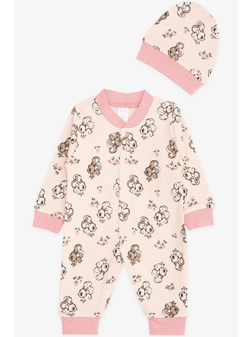 Pembe Kız Bebek Tulum Sevimli Sincap Desenli Somon (0-6 Ay)