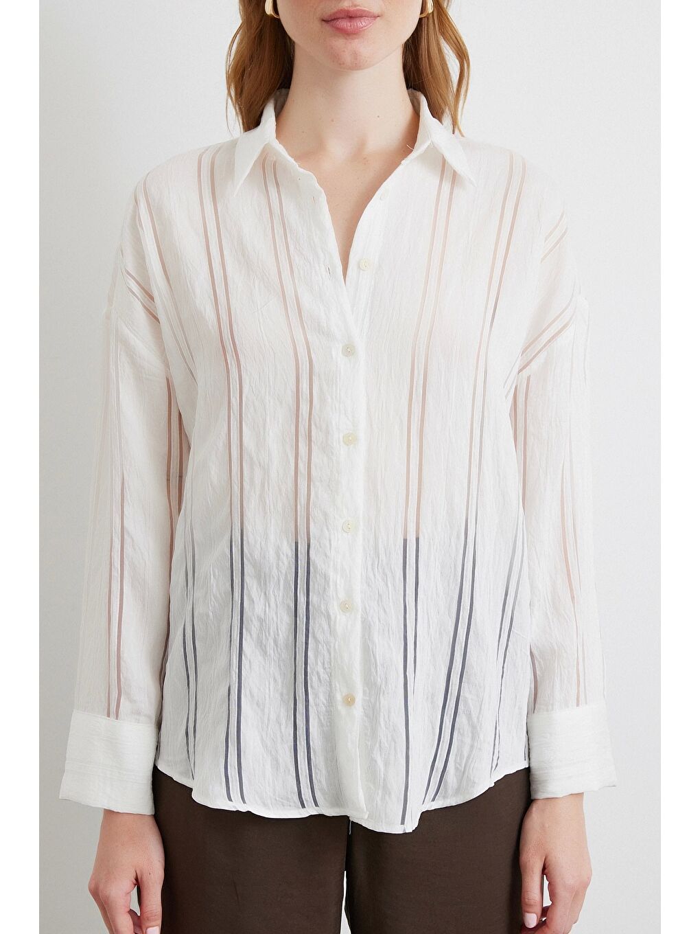 Organze Çizgili Gömlek Ekru-3