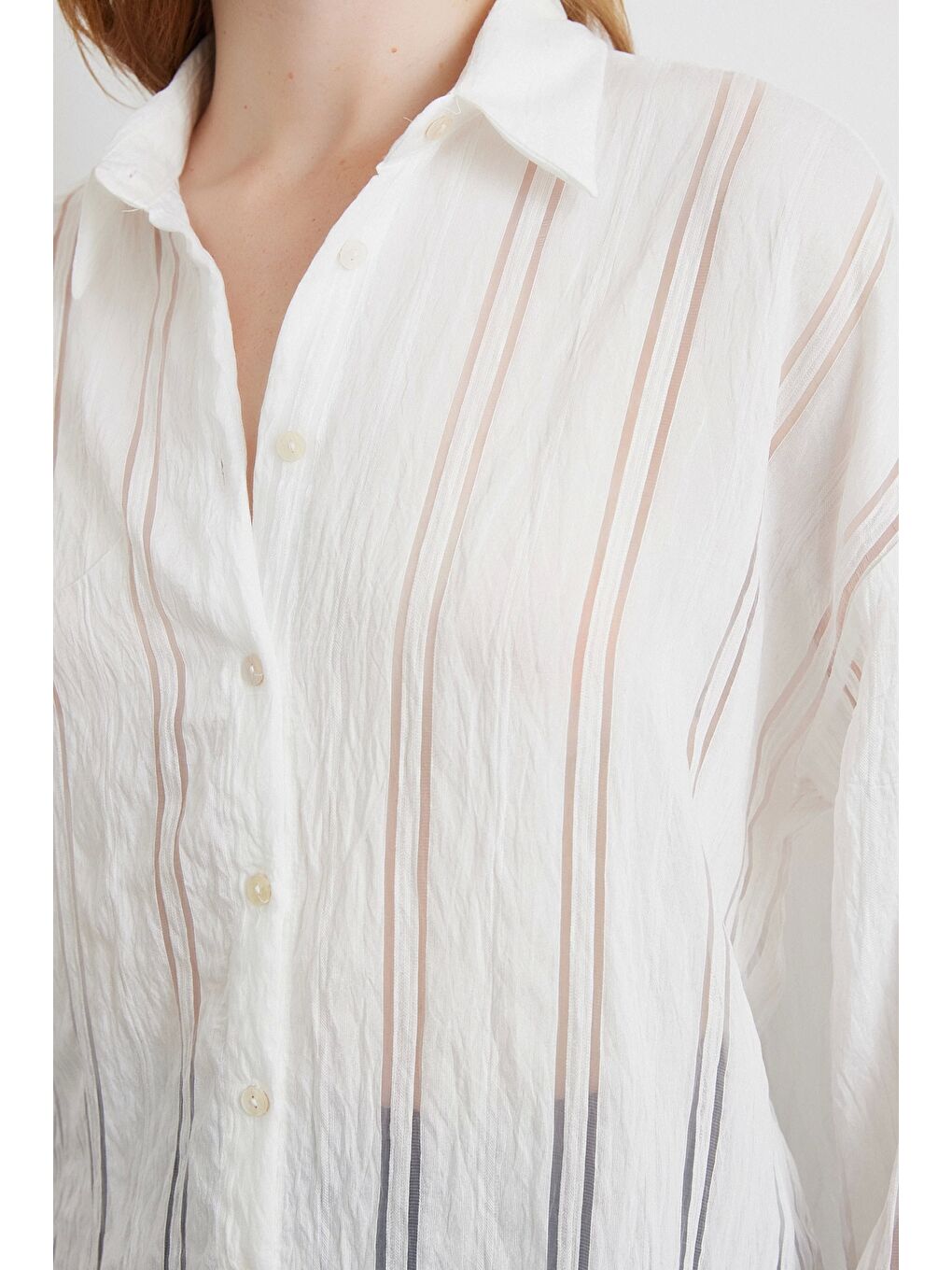 Organze Çizgili Gömlek Ekru-4