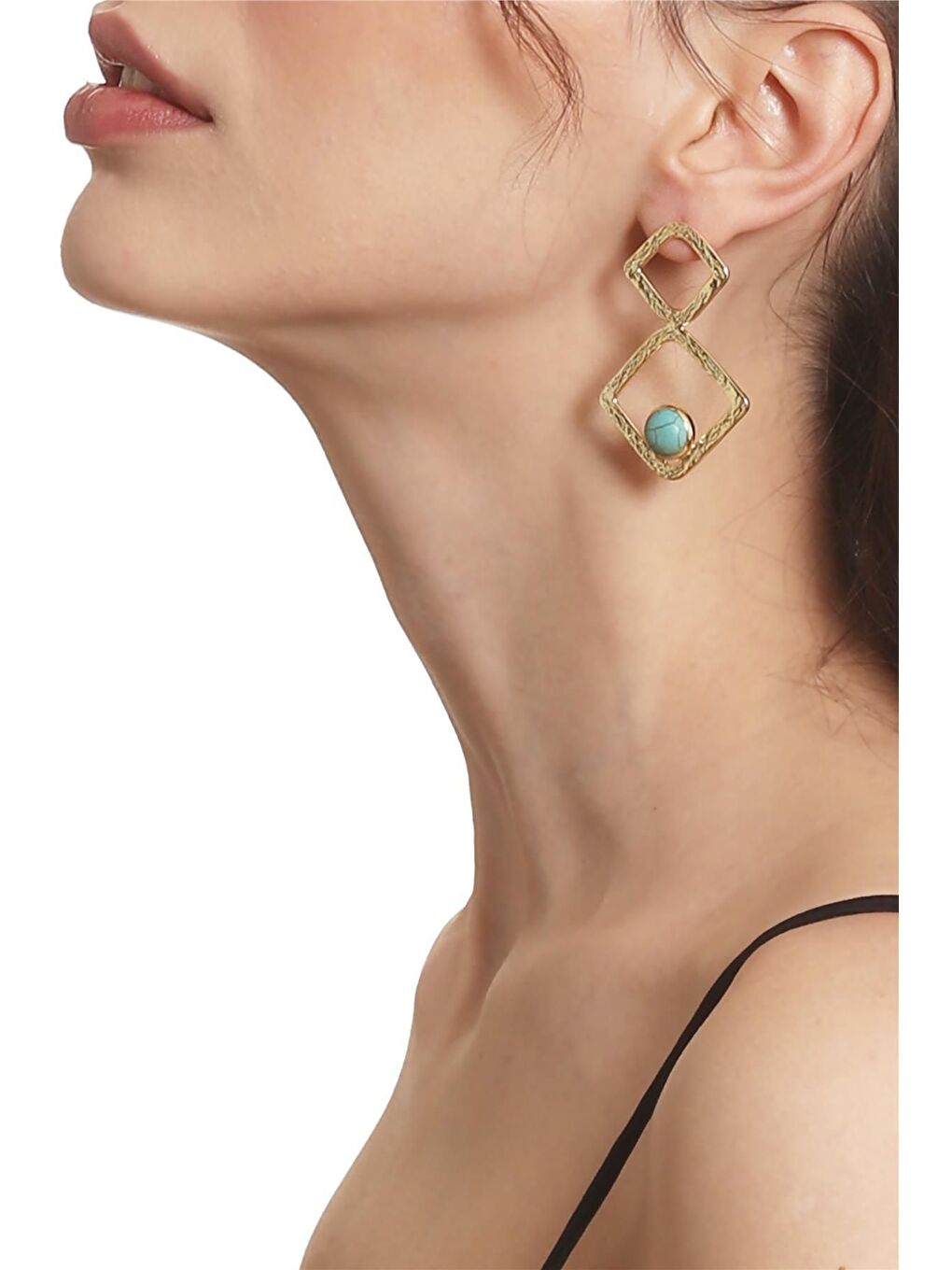 Sarı Kadın Lak Altın Kaplama Doğaltaşlı Çivili Model Geometrik Formlu El Yapımı Küpe-1