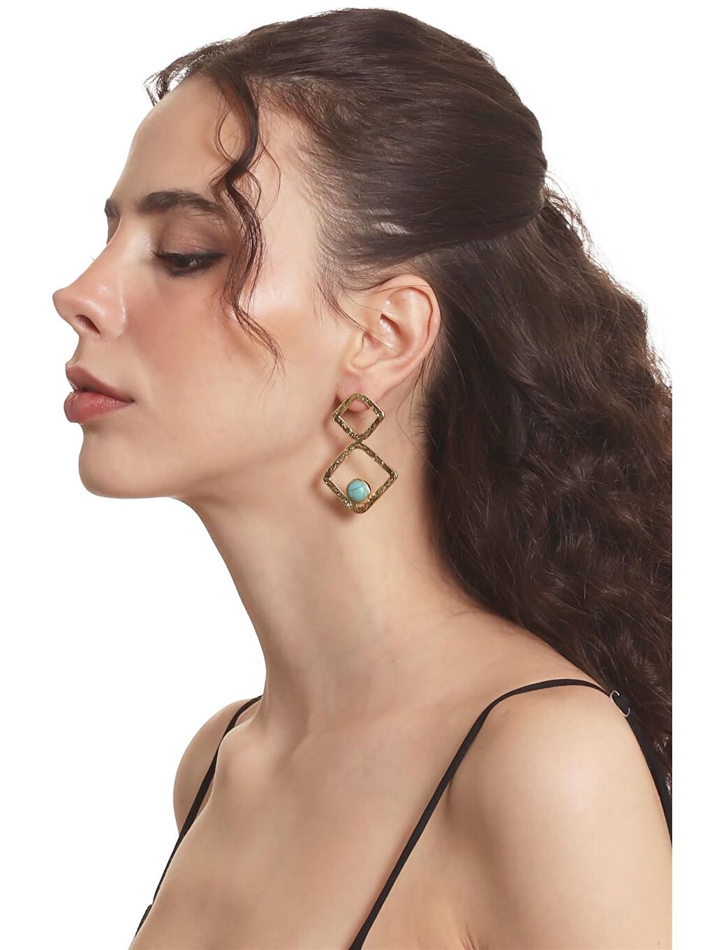 Sarı Kadın Lak Altın Kaplama Doğaltaşlı Çivili Model Geometrik Formlu El Yapımı Küpe-2