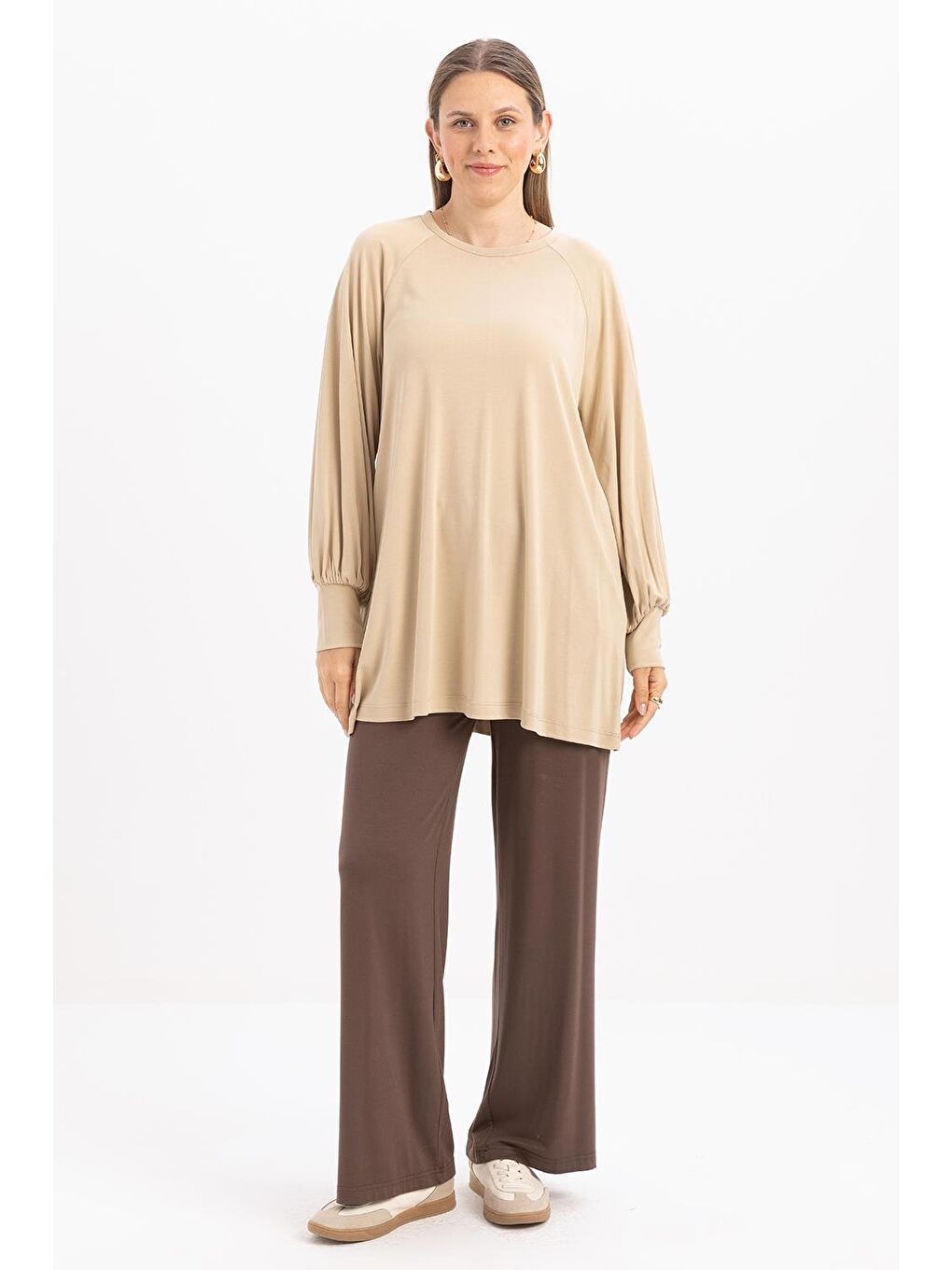 Bej-Pamuklu Kolları Büzgülü Uzun Kollu Elastanlı T-Shirt-1