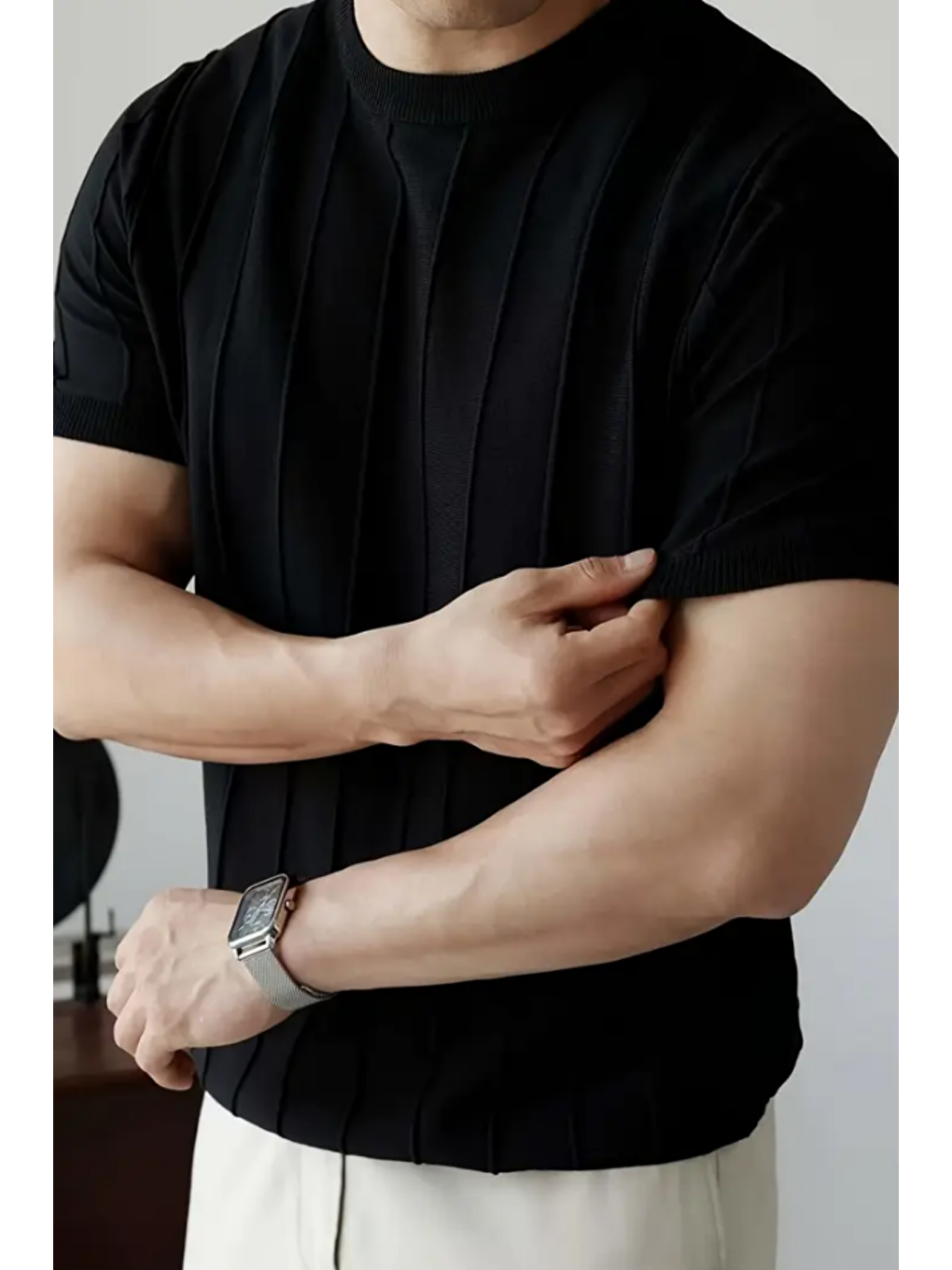 Mat Siyah Erkek Yuvarlak Yaka Örme T-shirt-1