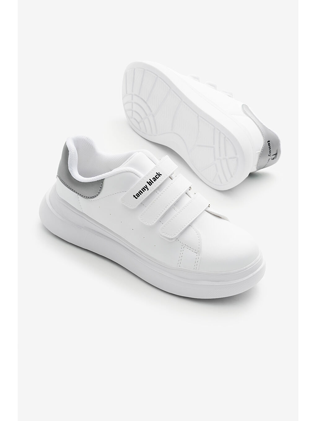 Çocuk Unisex Beyaz Gümüş Eva Faylon Taban Üç Cırtlı Spor Ayakkabı-3