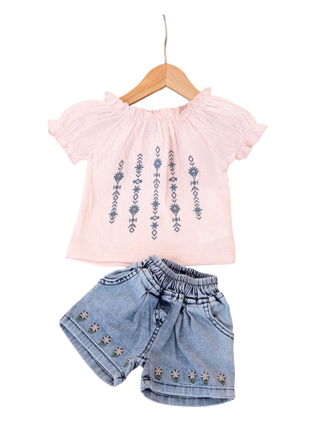 Pembe Kız Bebek Yazlık Jean Şortlu Çiçek Baskılı T-shirtlü 6-9-12-18-24 Aylık 2'li Bayramlık Alt Üst Takım-3