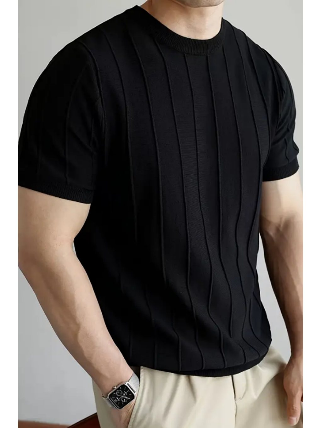 Mat Siyah Erkek Yuvarlak Yaka Örme T-shirt-2