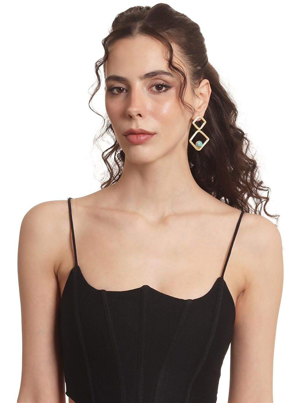 Sarı Kadın Lak Altın Kaplama Doğaltaşlı Çivili Model Geometrik Formlu El Yapımı Küpe-4