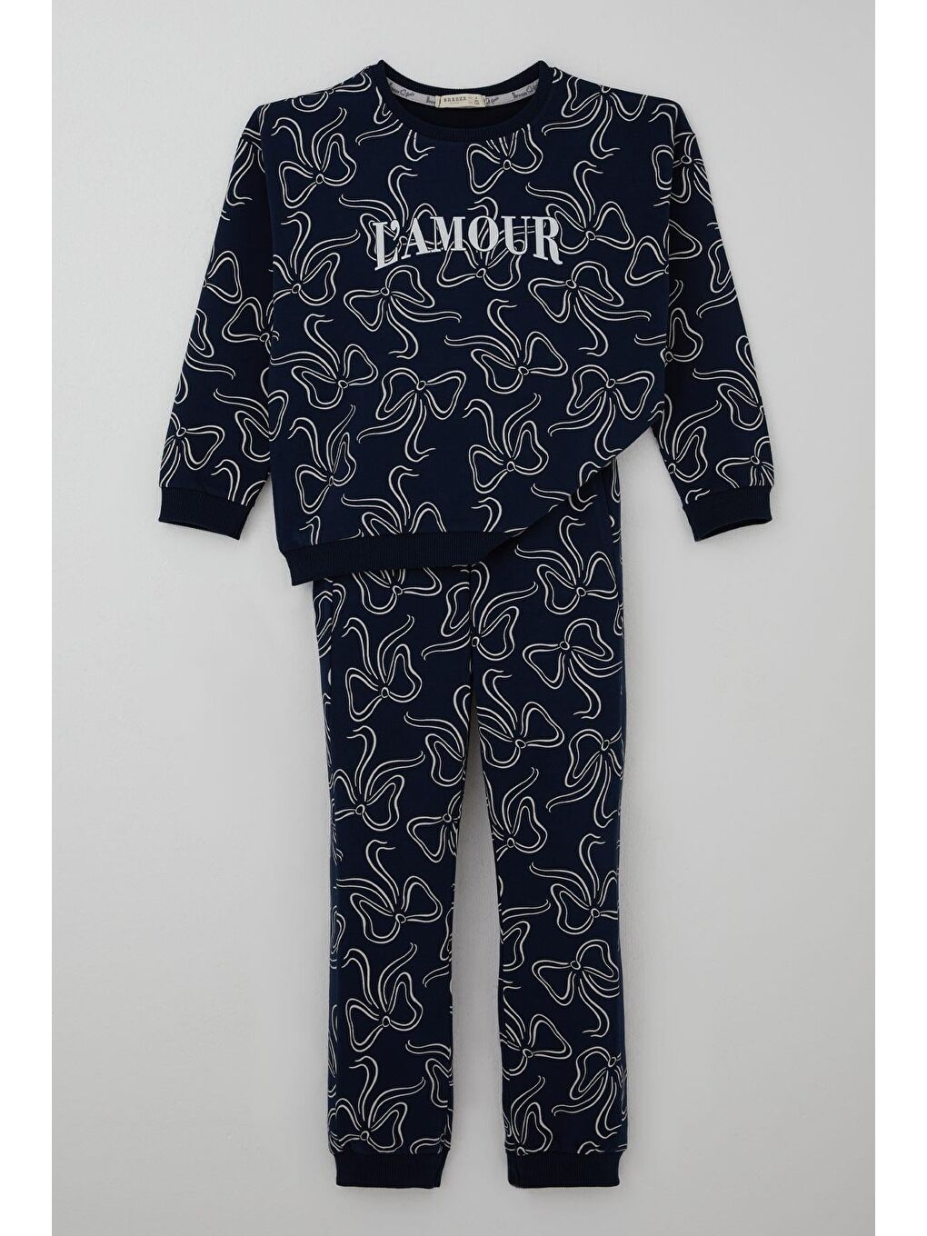 Kız Çocuk Eşofman Takımı Fiyonk Desenli Bağcık Aksesuarlı Lacivert (4-8 Yaş)