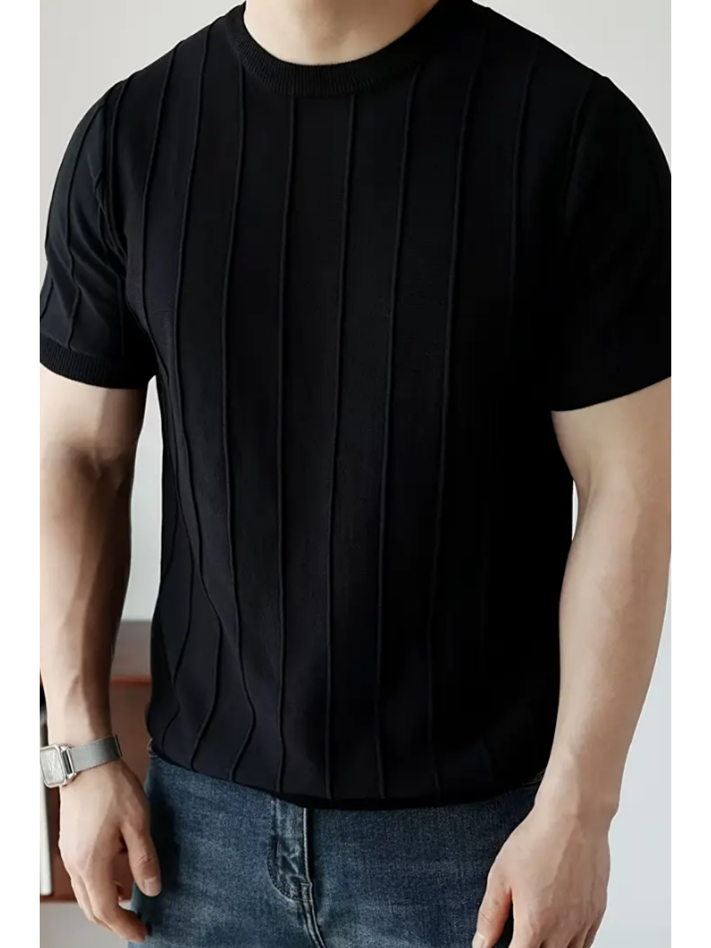 Mat Siyah Erkek Yuvarlak Yaka Örme T-shirt-3