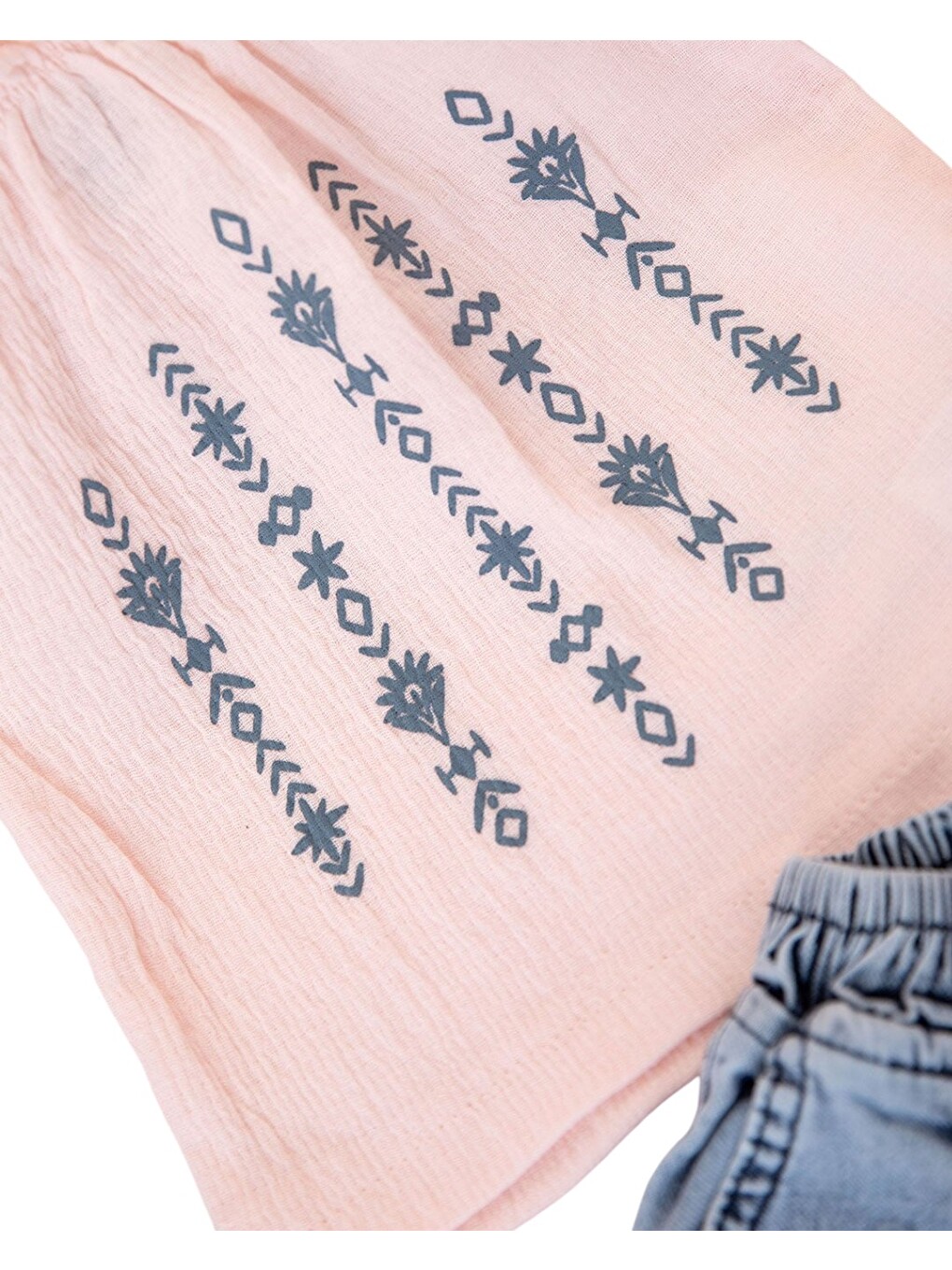Pembe Kız Bebek Yazlık Jean Şortlu Çiçek Baskılı T-shirtlü 6-9-12-18-24 Aylık 2'li Bayramlık Alt Üst Takım-7