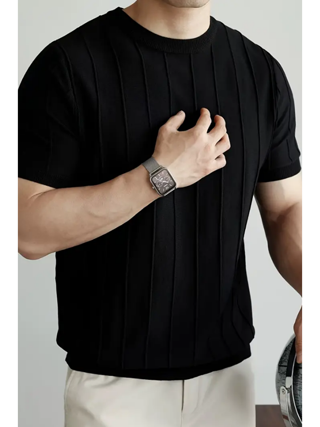 Mat Siyah Erkek Yuvarlak Yaka Örme T-shirt-4