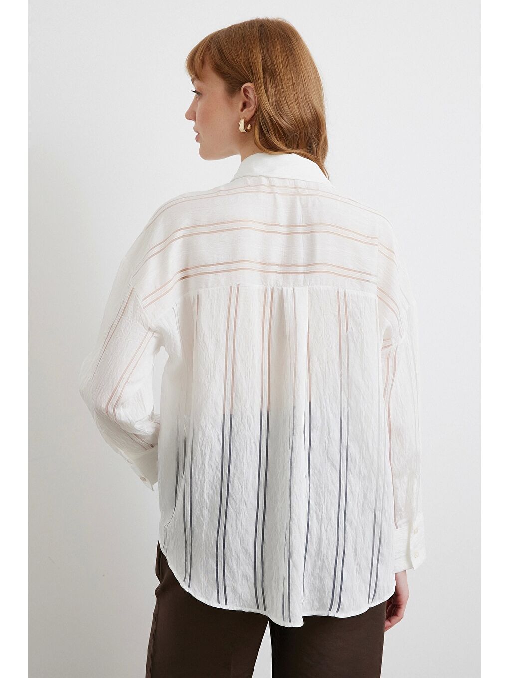 Organze Çizgili Gömlek Ekru-5