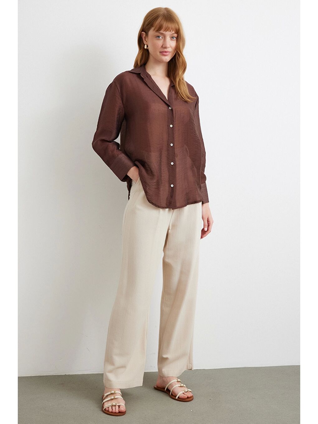 Karışık İnce Modal Gömlek Kahve-1