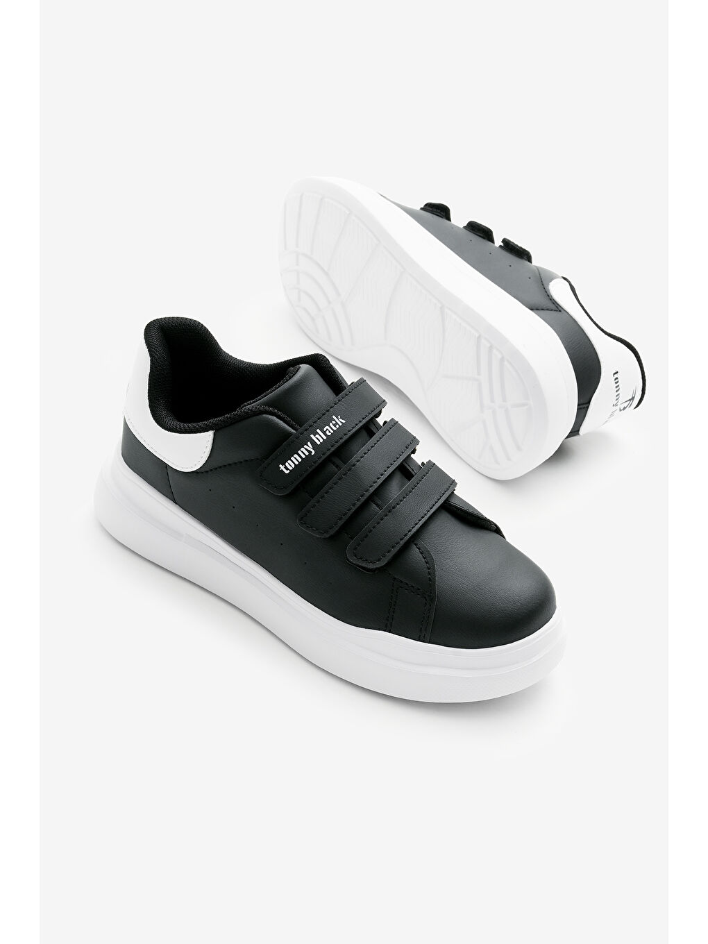 Çocuk Unisex Siyah Beyaz Eva Faylon Taban Üç Cırtlı Spor Ayakkabı-2