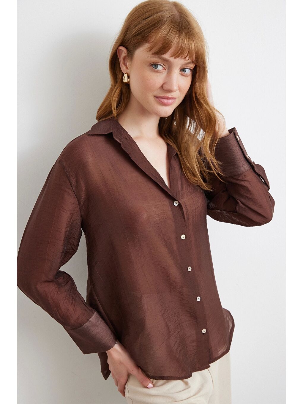 Karışık İnce Modal Gömlek Kahve-2