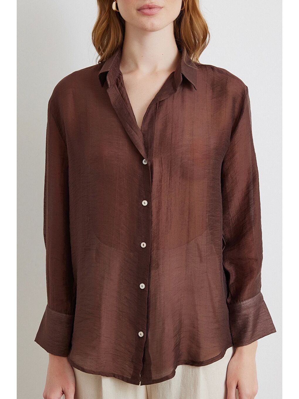 Karışık İnce Modal Gömlek Kahve-3