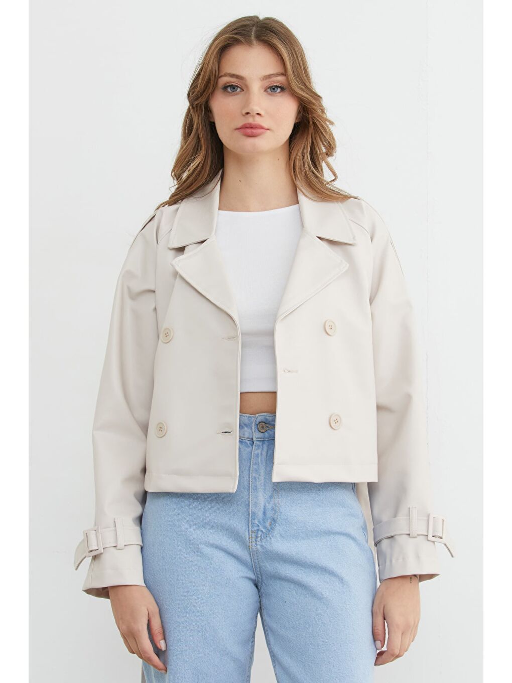 Bej Kruvaze Yaka Kuşaklı Suni Deri Mont-4