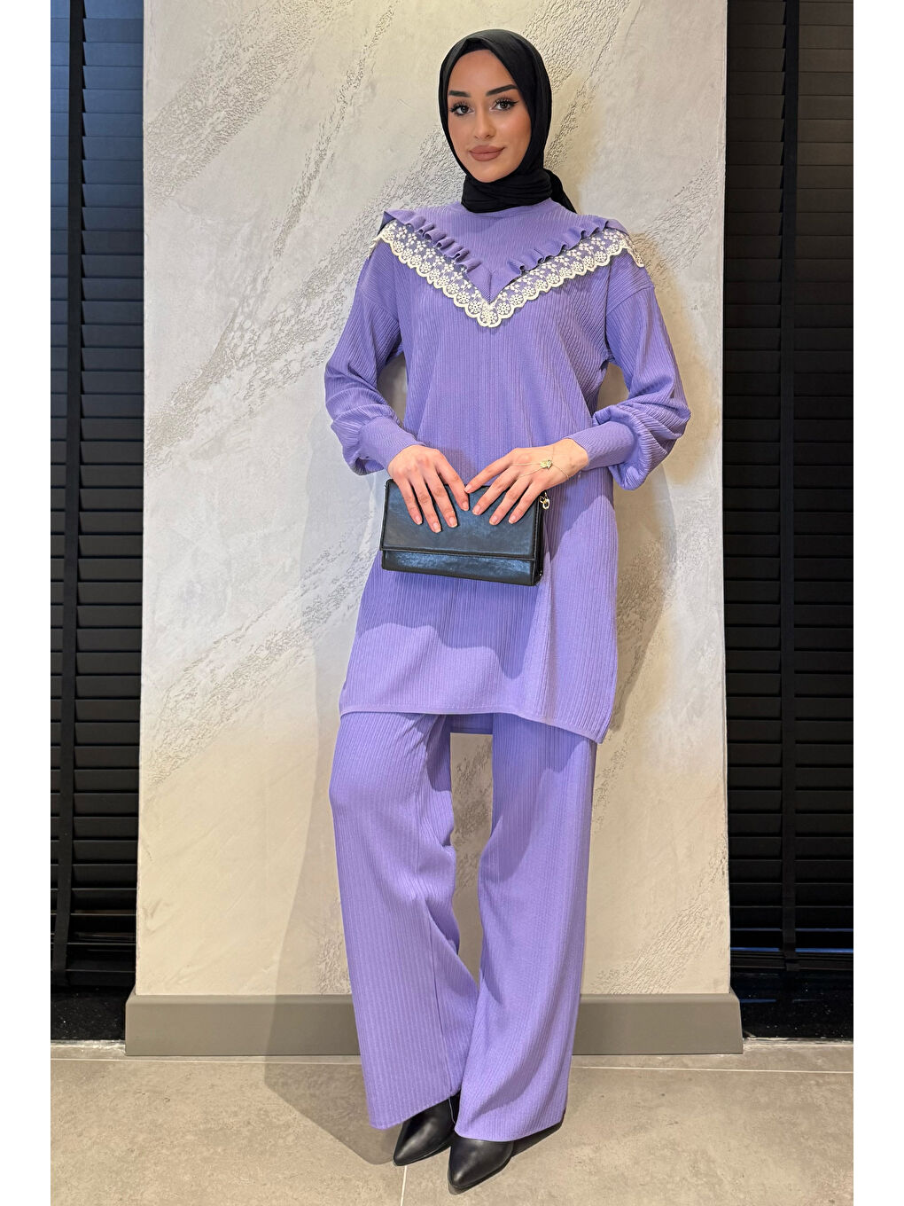 Lila Kadın Bisiklet Yaka Fistolu Tesettür Triko Tunik Pantolon İkili Takım-1