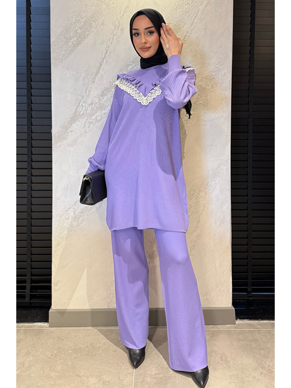 Lila Kadın Bisiklet Yaka Fistolu Tesettür Triko Tunik Pantolon İkili Takım-2