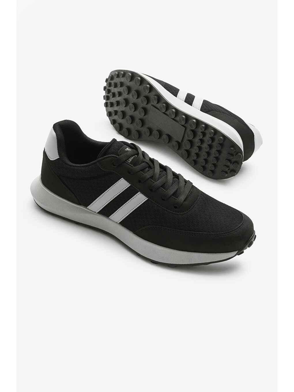 Erkek Siyah Buz Termo Taban Şeritli Nefes Alabilen Kumaş Bağcıklı Spor Ayakkabı-2