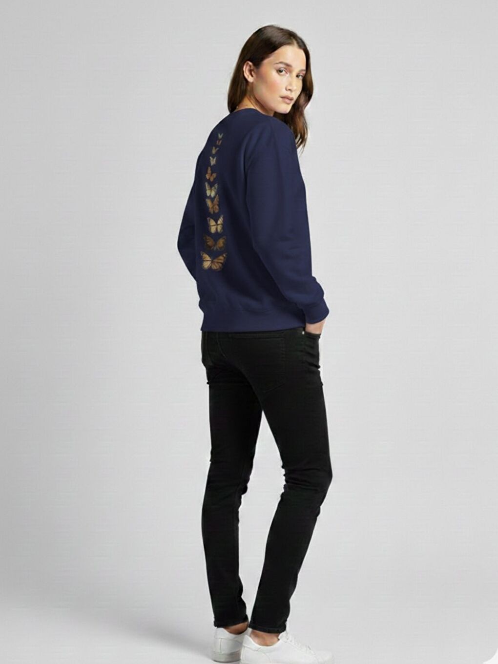 Kadın Lacivert Özel Dikey Kelebekler Baskılı Bisiklet Yaka Sweatshirt