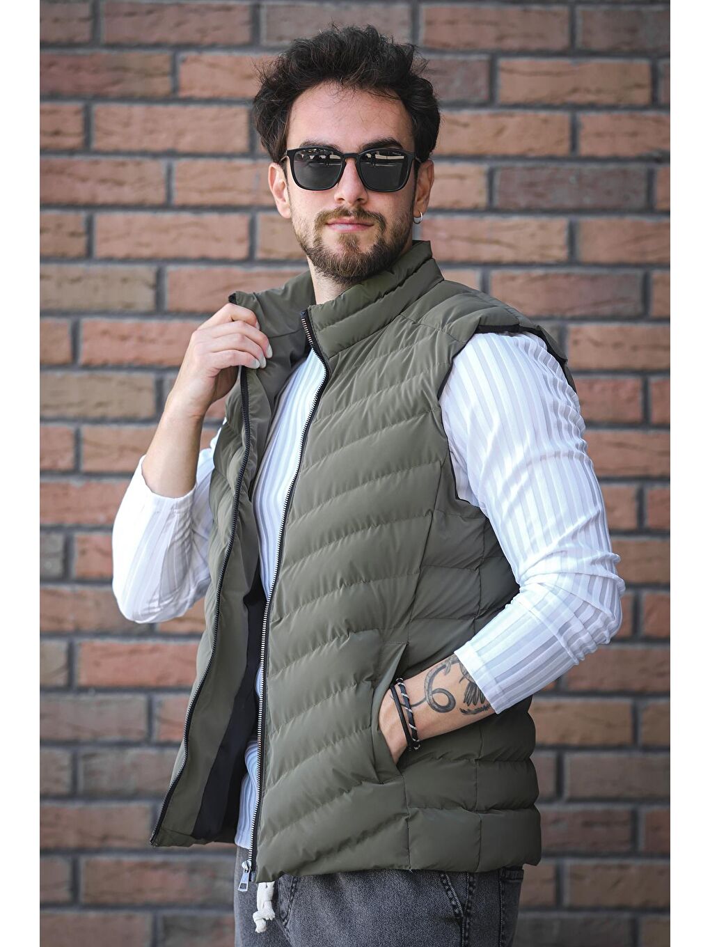Haki Faxy Cepli Dik Yaka Nova Parlak Kumaş Erkek Şişme Yelek