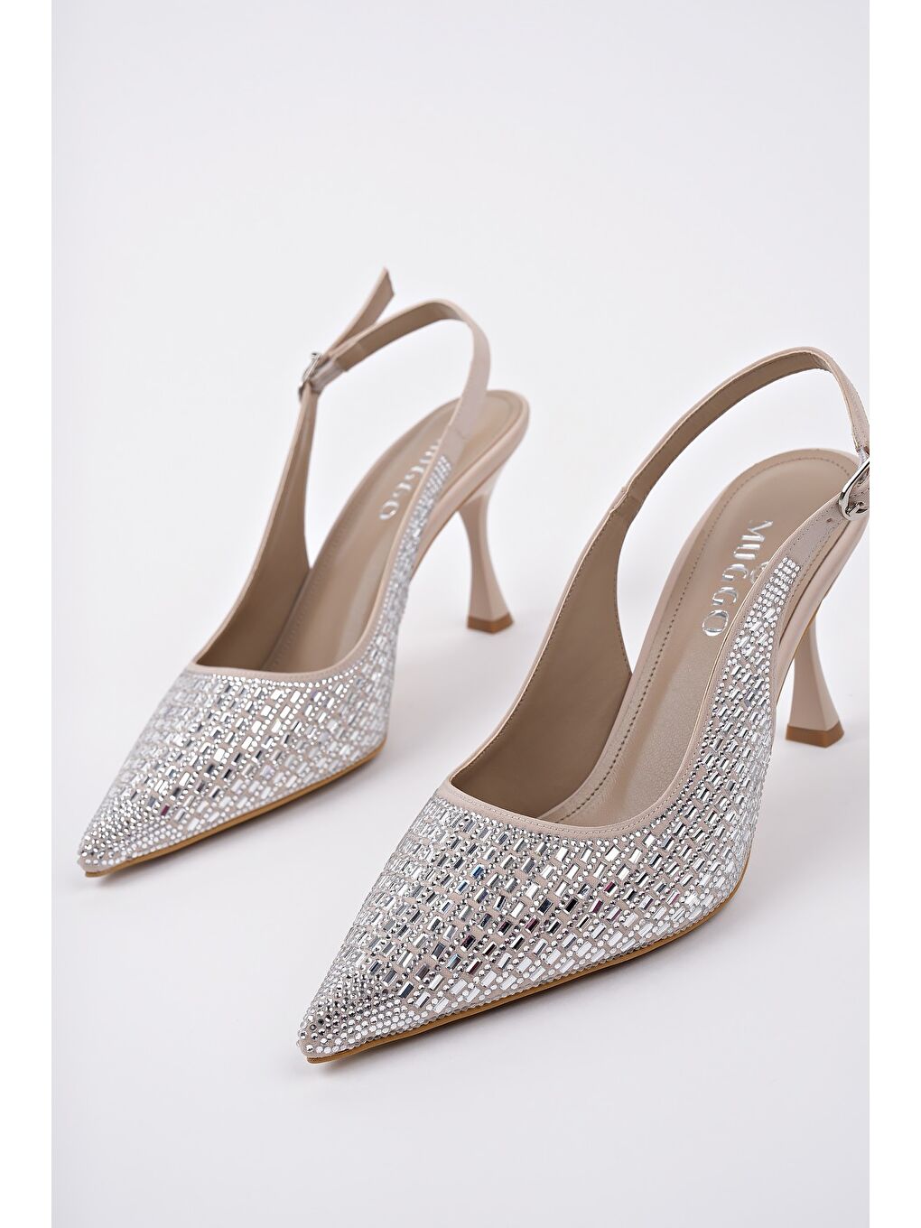 Gri JEWELLERY Kadın Sivri Burun Arkası Açık Günlük Klasik Topuklu Abiye Ayakkabı-1