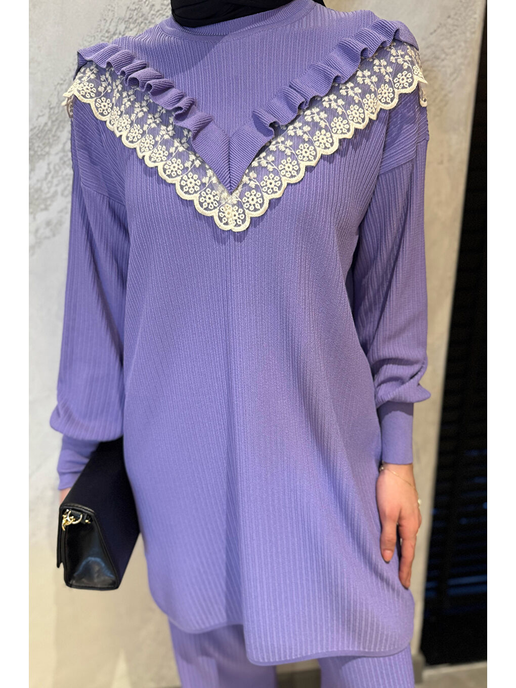 Lila Kadın Bisiklet Yaka Fistolu Tesettür Triko Tunik Pantolon İkili Takım-5