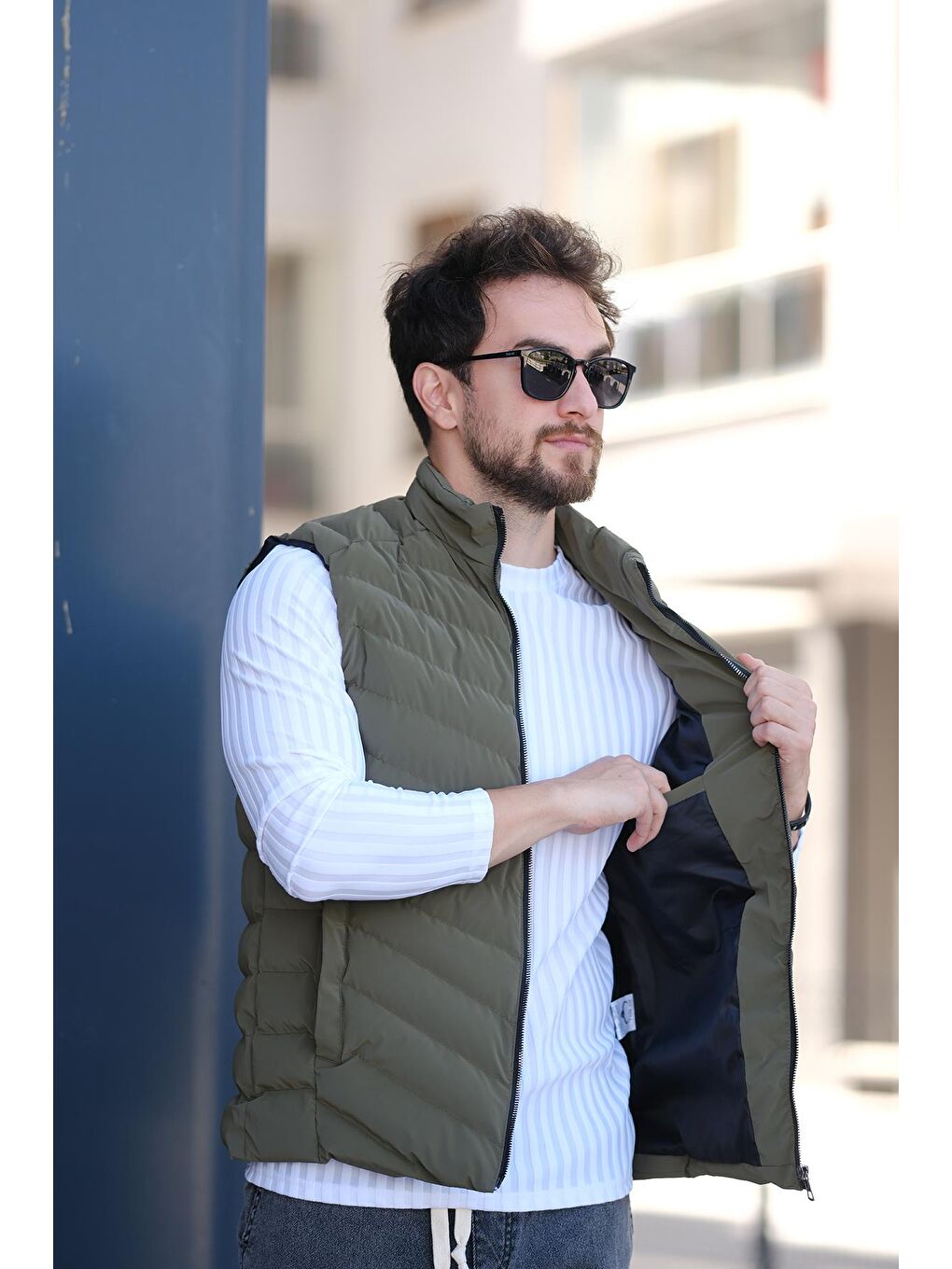 Haki Faxy Cepli Dik Yaka Nova Parlak Kumaş Erkek Şişme Yelek-1