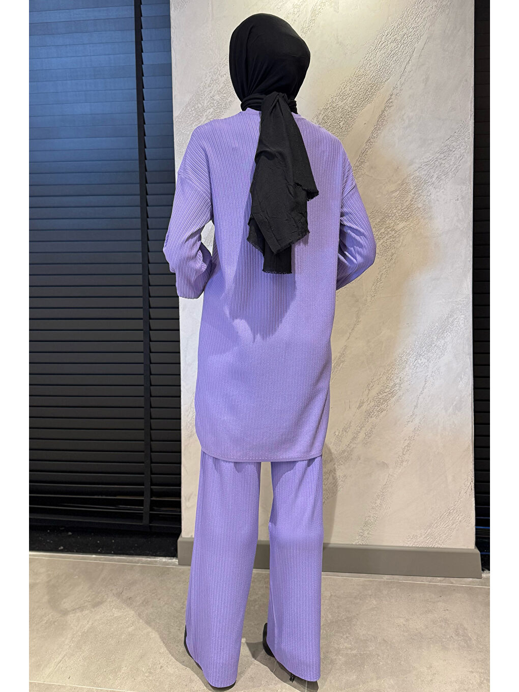 Lila Kadın Bisiklet Yaka Fistolu Tesettür Triko Tunik Pantolon İkili Takım-7