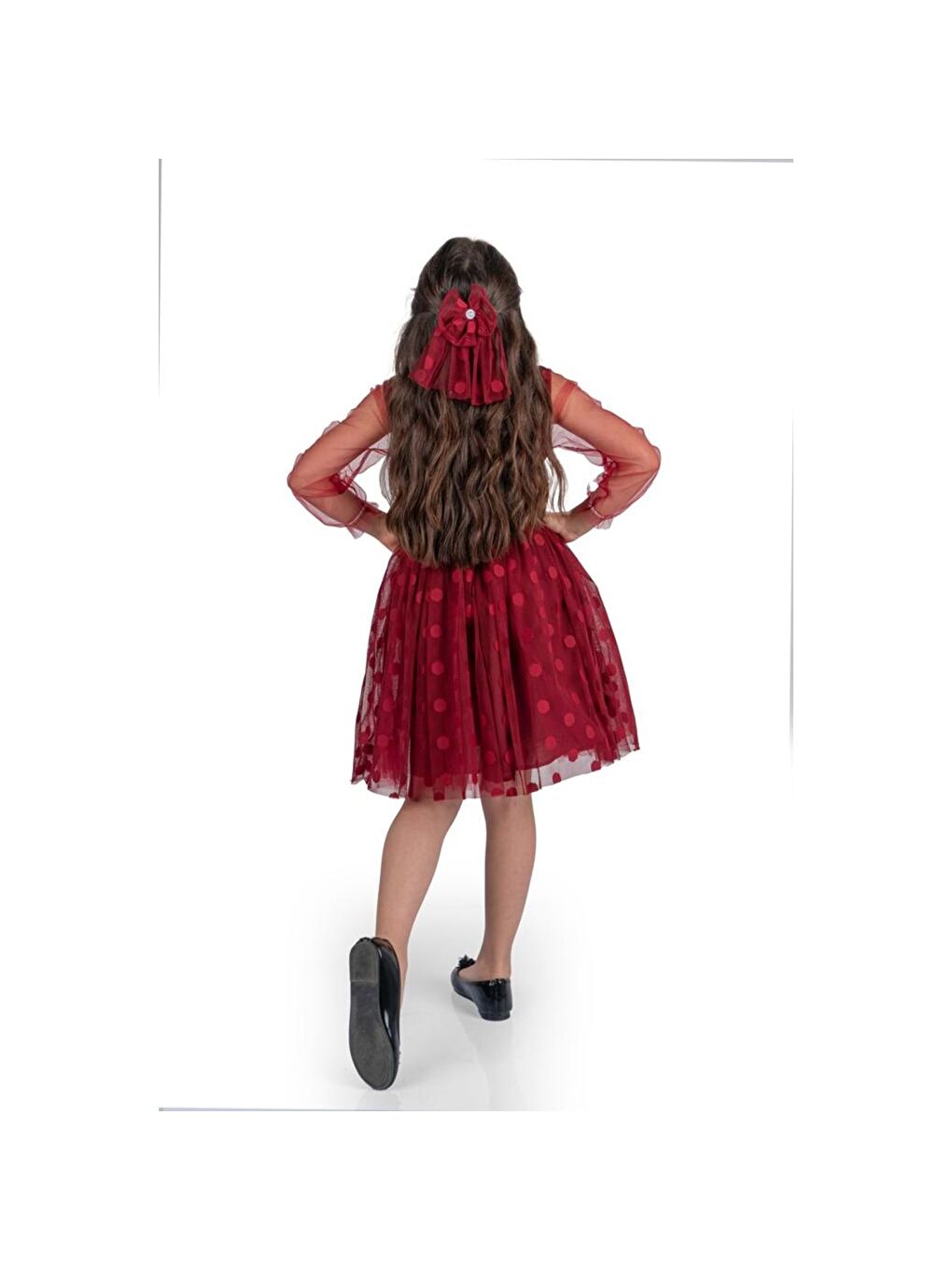Bordo Prenses İri Puanlı Tokalı Dantel Kumaş Kız Çocuk Elbise MNK0547-1