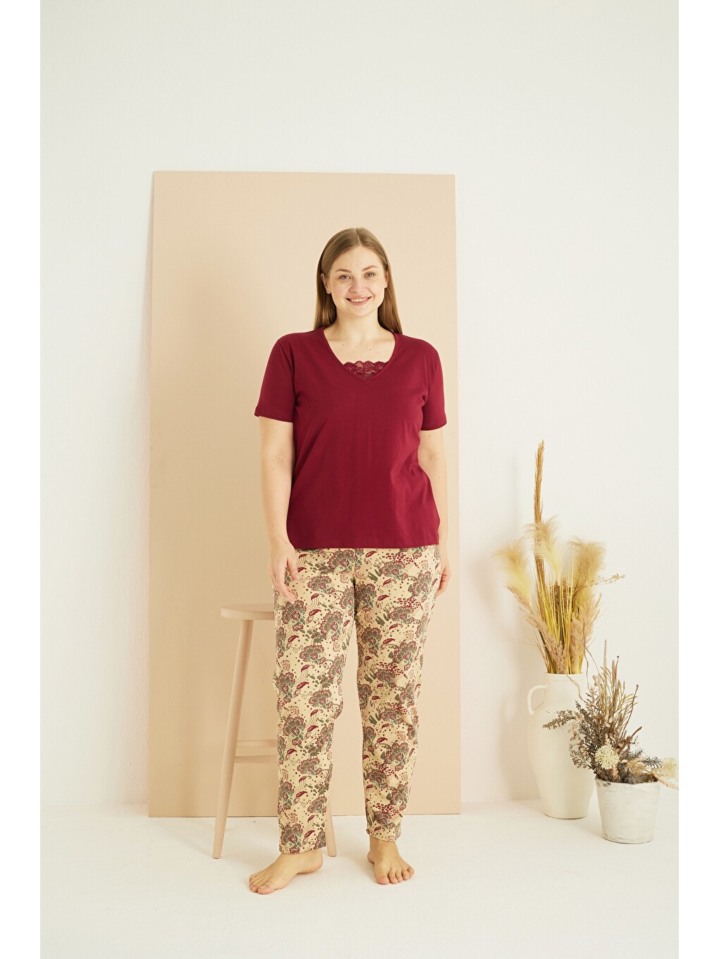 Bordo Curve Büyük Beden Battal Boy Dantel Detaylı Pamuklu Pijama Takım25103715-1