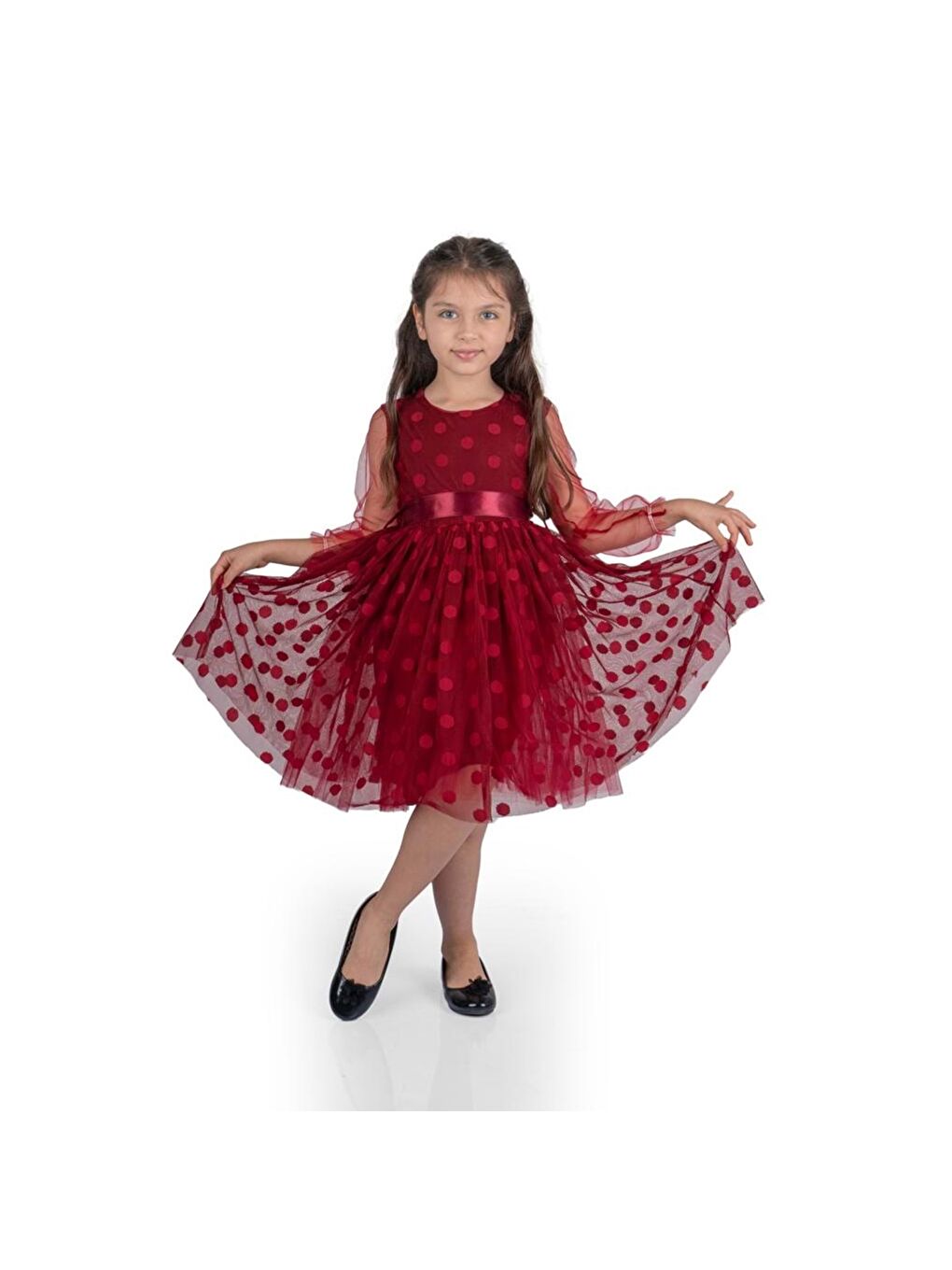 Bordo Prenses İri Puanlı Tokalı Dantel Kumaş Kız Çocuk Elbise MNK0547-2