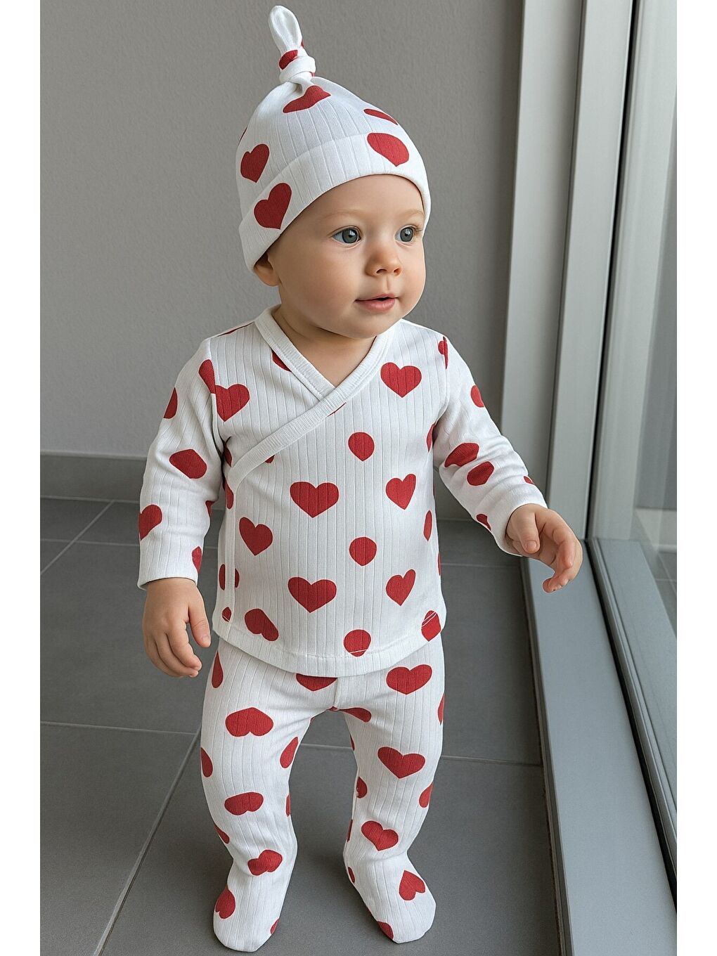 Karışık Unisex Bebek Konforlu Kalp Baskılı Üçlü Ribana Set-4