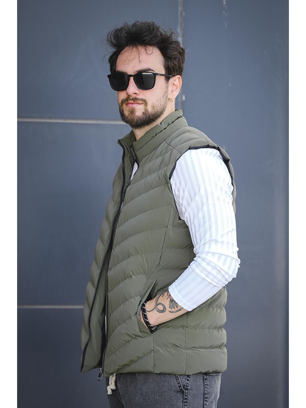 Haki Faxy Cepli Dik Yaka Nova Parlak Kumaş Erkek Şişme Yelek-2