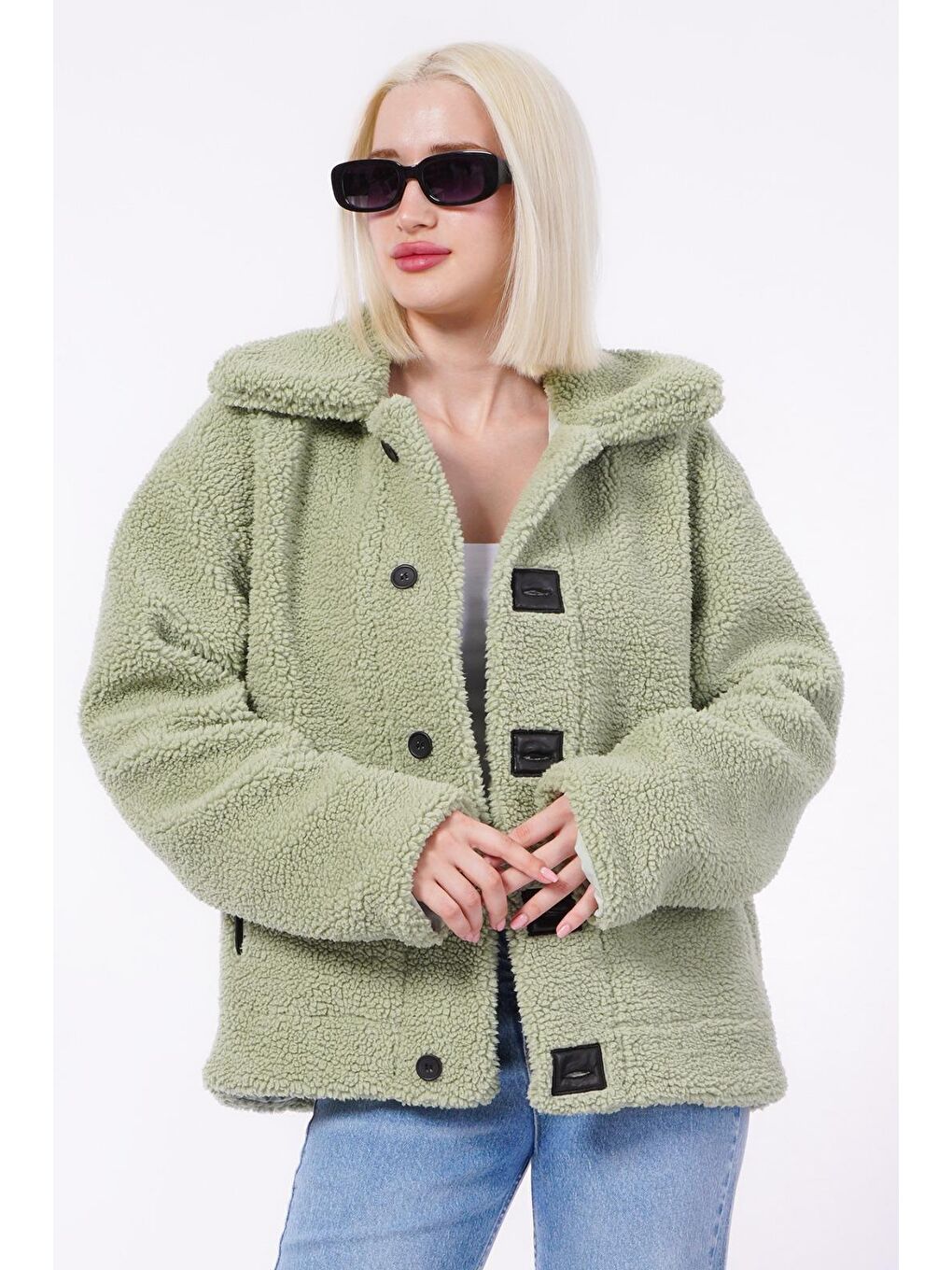 Yeşil Deri Detaylı Kadın Pelüş Mont Mg2485-3