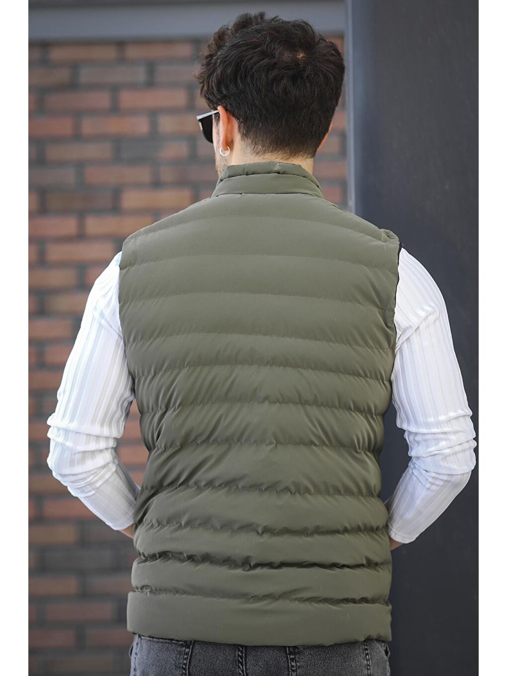 Haki Faxy Cepli Dik Yaka Nova Parlak Kumaş Erkek Şişme Yelek-3