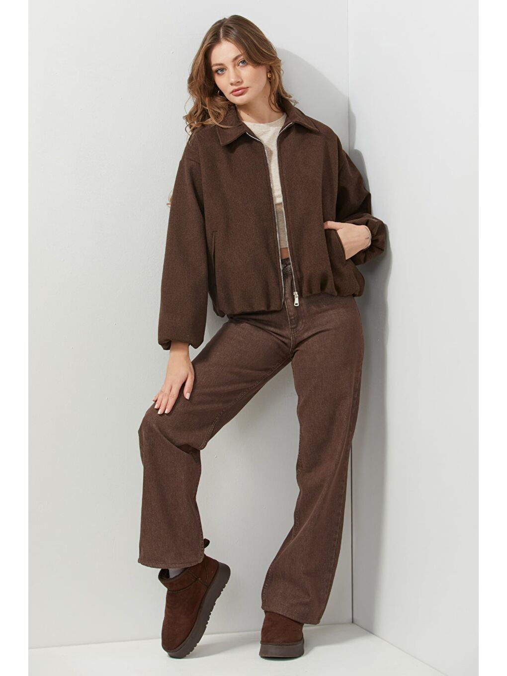 Kahverengi Fermuarlı Cepli Polo Yaka Kaşe Bomber Mont-1