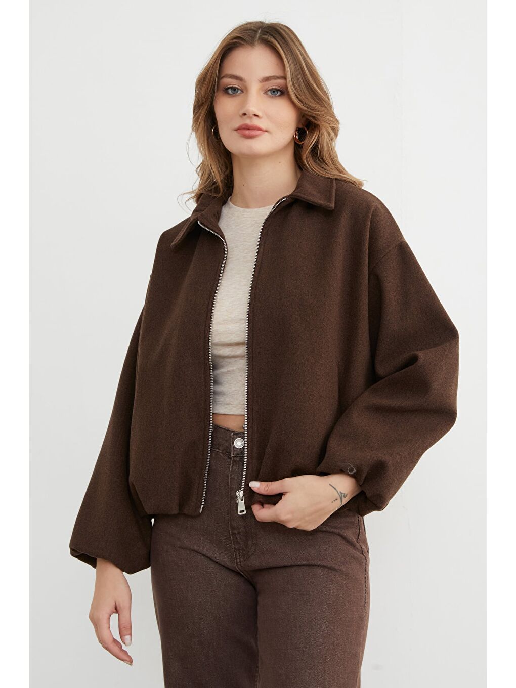 Kahverengi Fermuarlı Cepli Polo Yaka Kaşe Bomber Mont-2