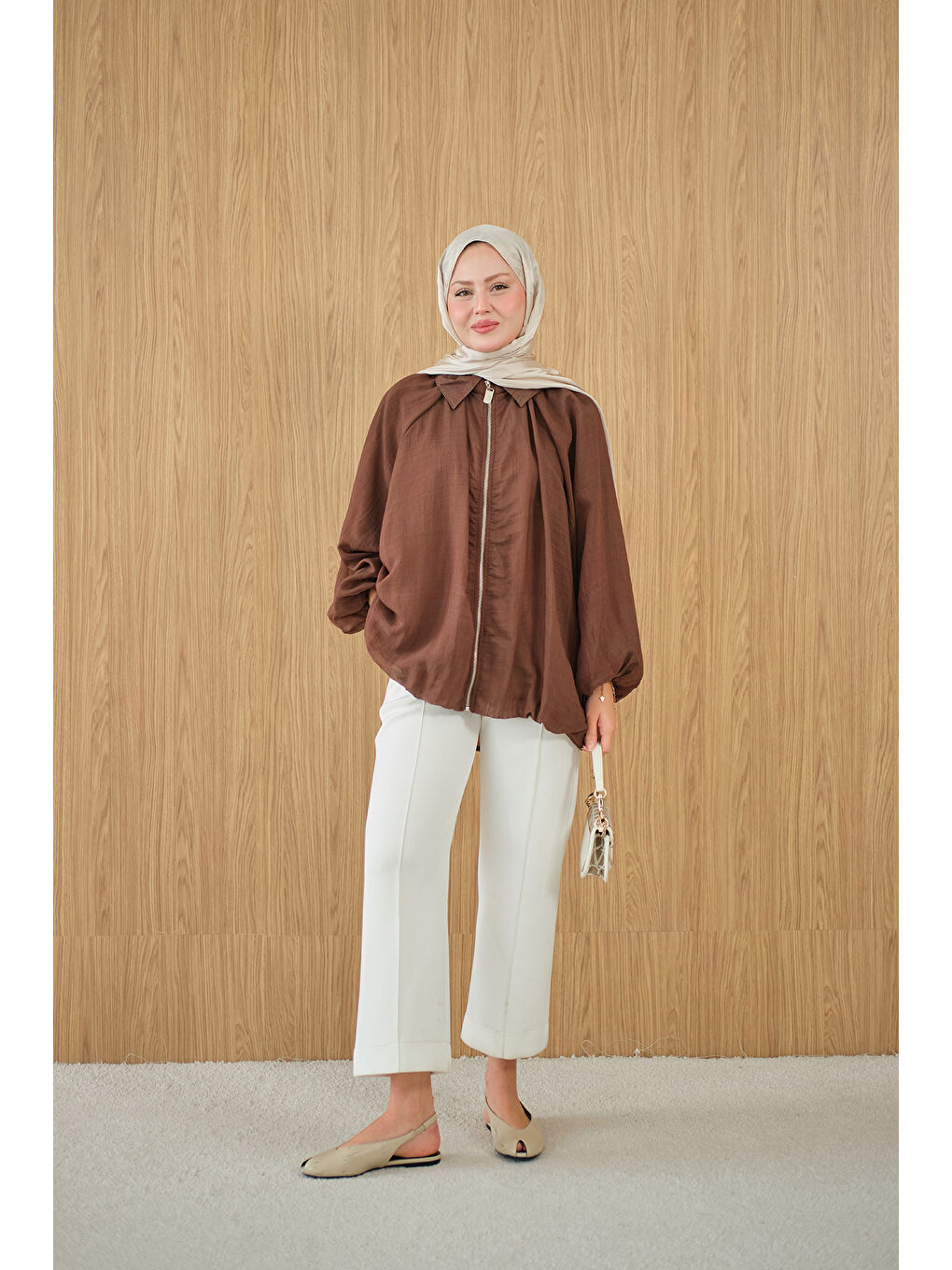 Kadın Astarlı Balon Kol Ceket Kahverengi-2