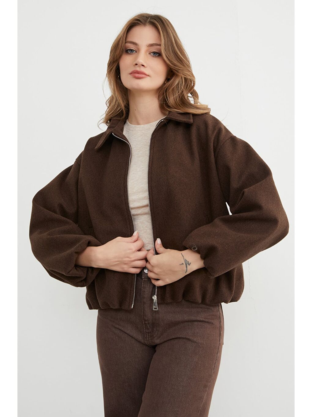 Kahverengi Fermuarlı Cepli Polo Yaka Kaşe Bomber Mont-3