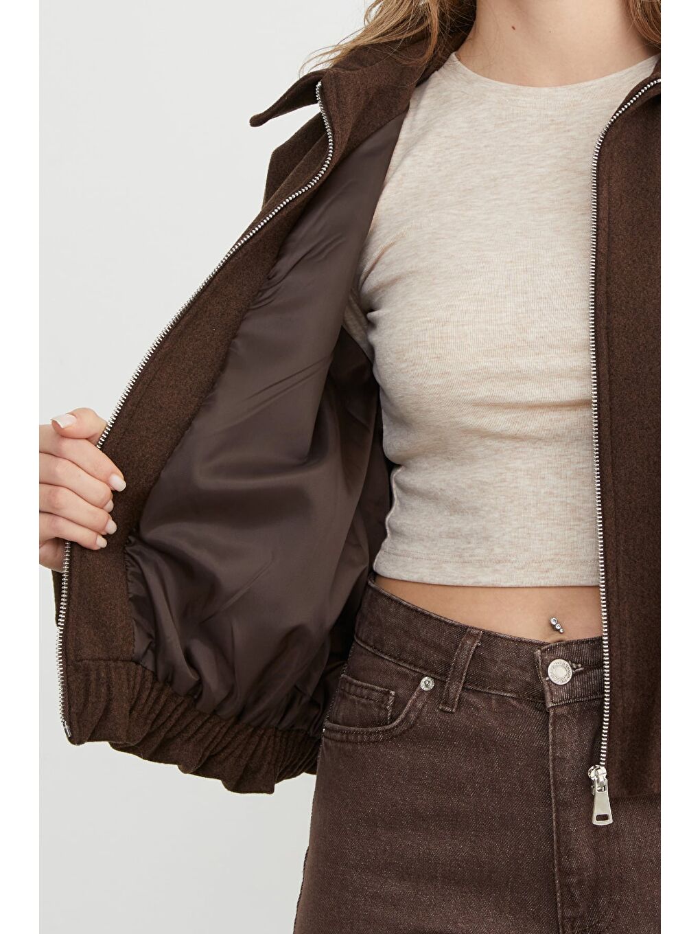 Kahverengi Fermuarlı Cepli Polo Yaka Kaşe Bomber Mont-4