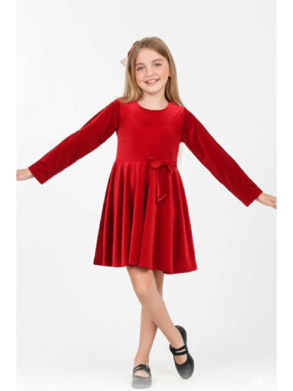 Kırmızı Kız Çocuk Kadife Elbise-İçi Tüllü ve Fiyonk Süslemeli 7-12 Yaş 12427-1