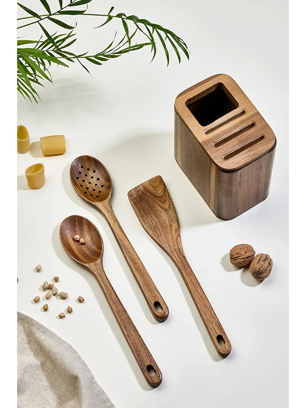 Kahverengi Akasya Ahşap Tezgah Üstü Kaşıklık - Bıçaklık Düzenleyici ve Kaşık Seti-1