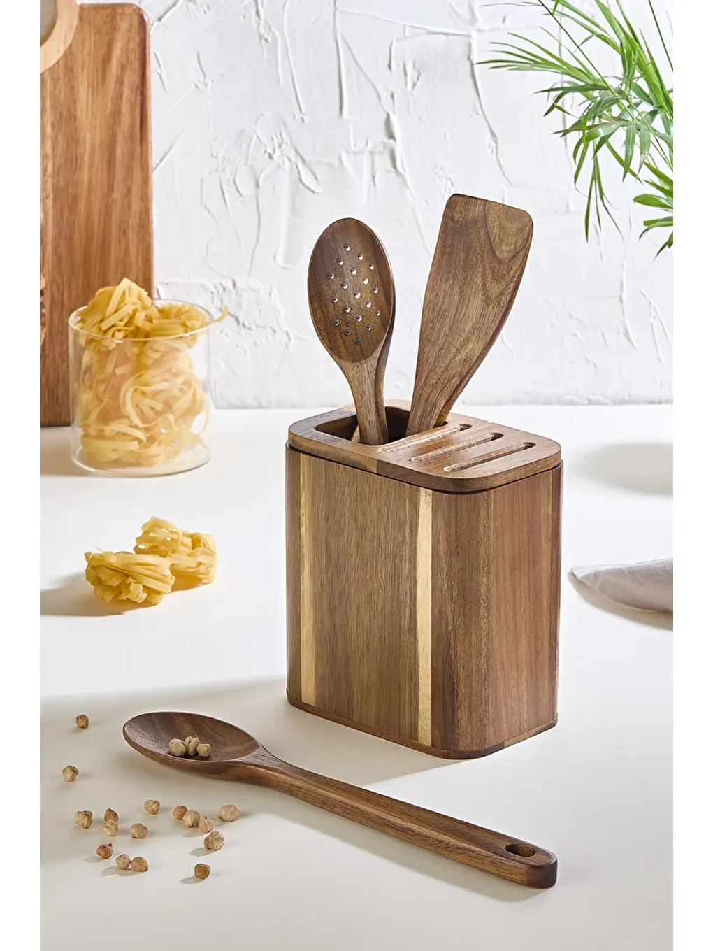 Kahverengi Akasya Ahşap Tezgah Üstü Kaşıklık - Bıçaklık Düzenleyici ve Kaşık Seti-2