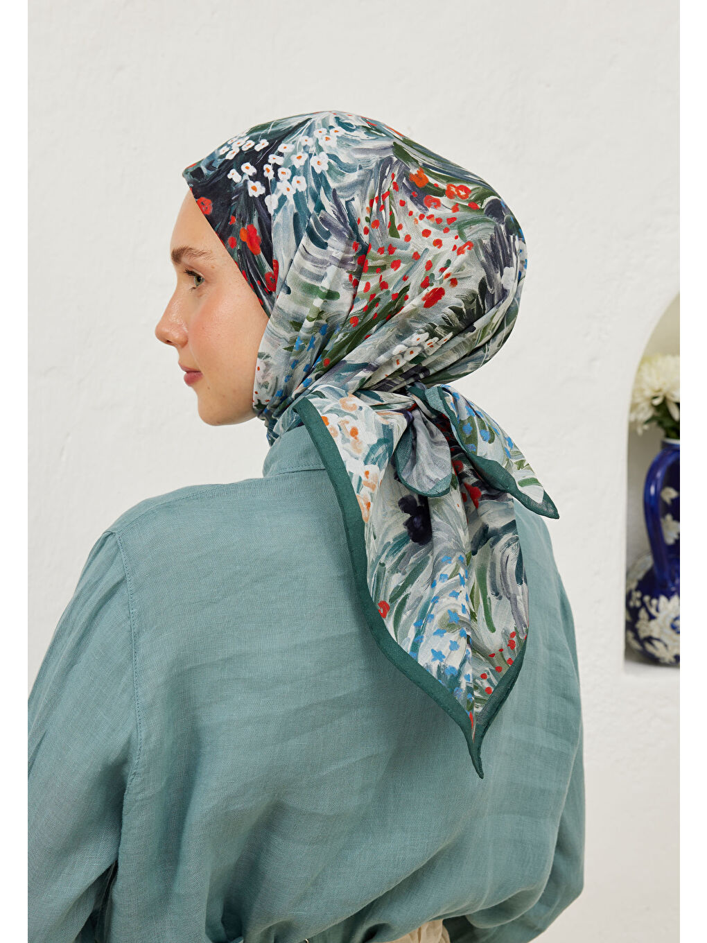 Botanic Desen Pamuk Vual Eşarp İndigo-3