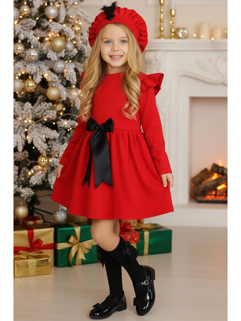 Kız Çocuk Kırmızı Sofia Pamuklu Fiyonk Detaylı Elbise Kep Abiye Takım Giyim > Elbise (1182)