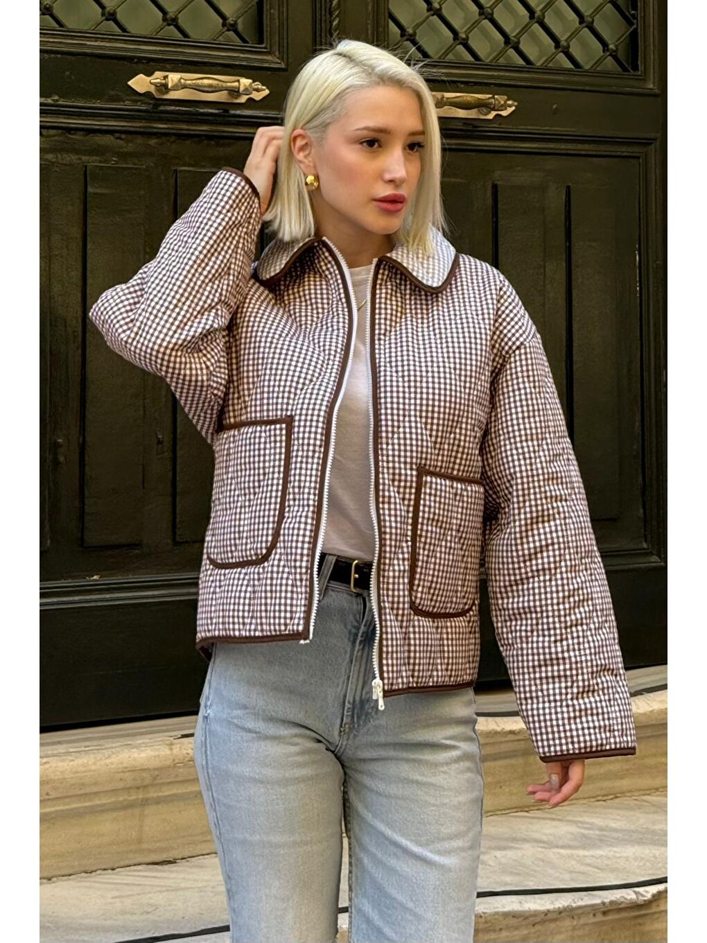 Kahverengi Pötikareli Cepli Kadın Mont Mg2488