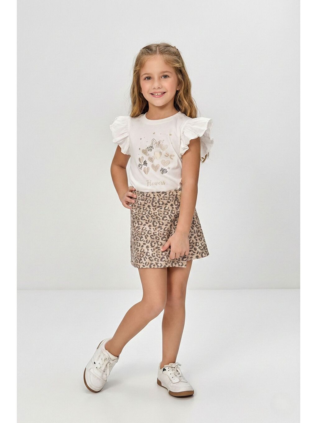 Beyaz Kız Çocuk Leopar Şort Etek & Fırfırlı Tişört 2li Tarz Kombin M00801