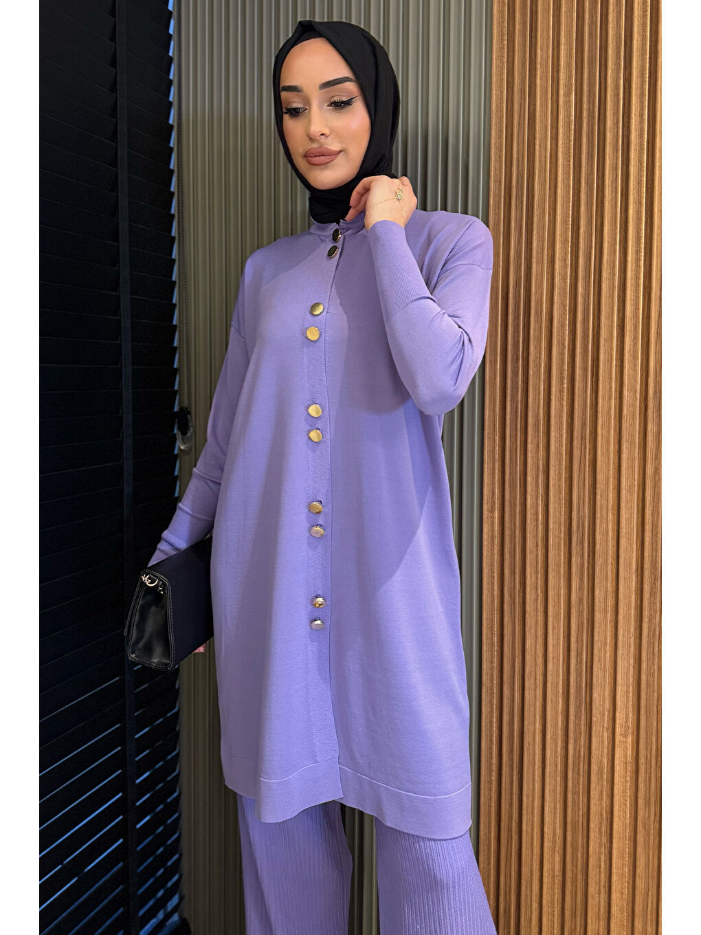 Lila Kadın Gold Düğme Detaylı Tesettür Triko Hırka-3
